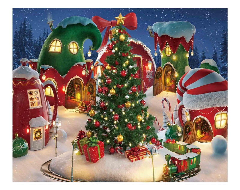 Funnytree 10x8FT Cartoon Christmas Village Photography Backdrop Winter Cabin Snow Pine Tree Background Xmas Fairy Tale Animated Kid Ice Party Photo Booth Banner Supplies Durable Soft Fabric - Image 1